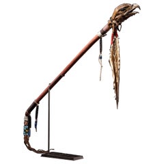 Native American Ceremonial Eagle staff with Beadwork, Hide and Feather Decoratio