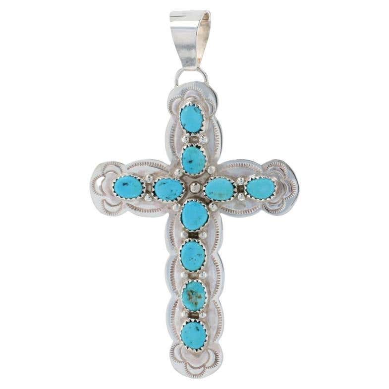 Native American Large Cross Pendant Necklace, Sterling Silver Turquoise ...