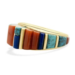 Native American Charles Laloma Designed Coral, Lapis & Turquoise Inlay Dome Ring