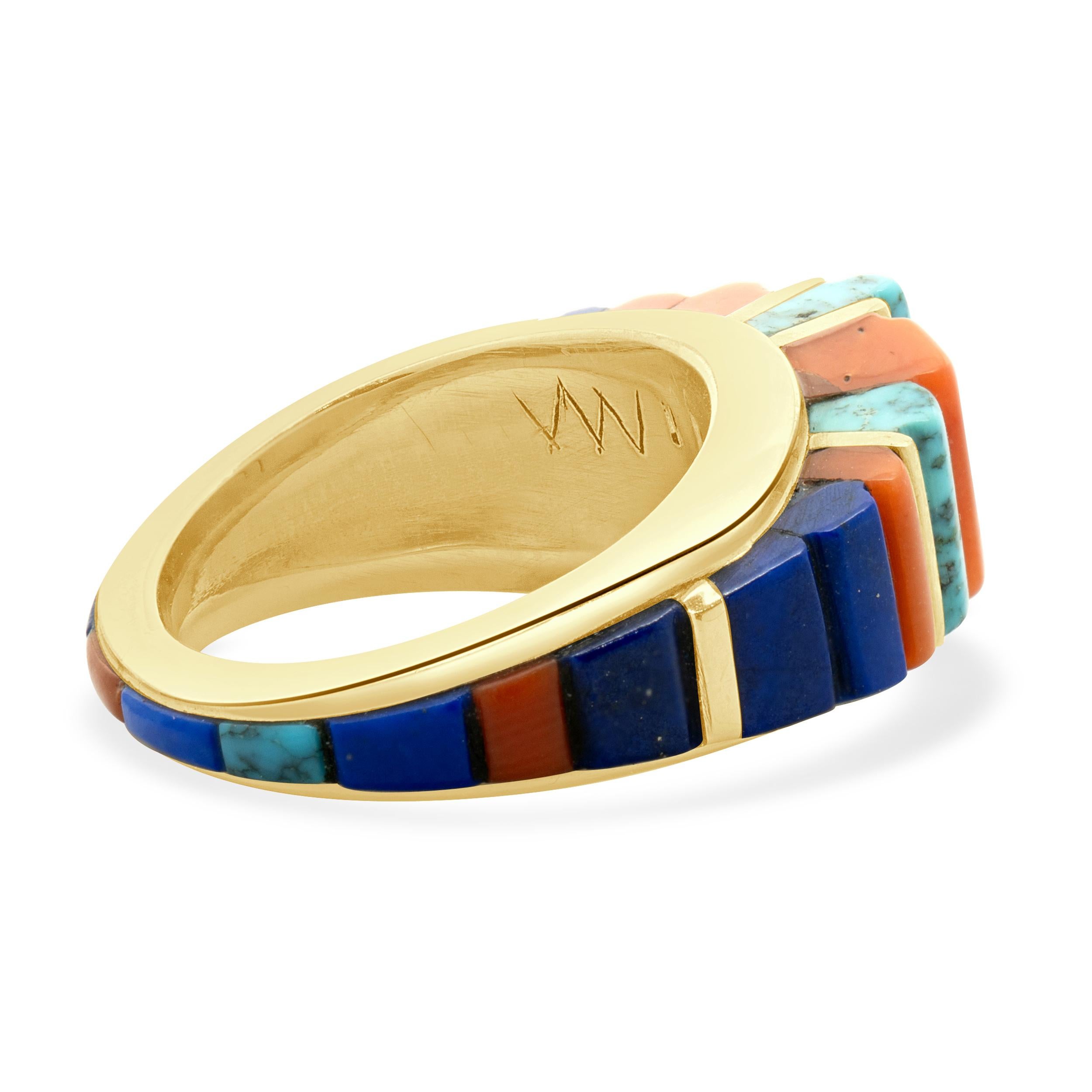 Rough Cut Native American Charles Laloma Designed Coral, Lapis & Turquoise Inlay Dome Ring