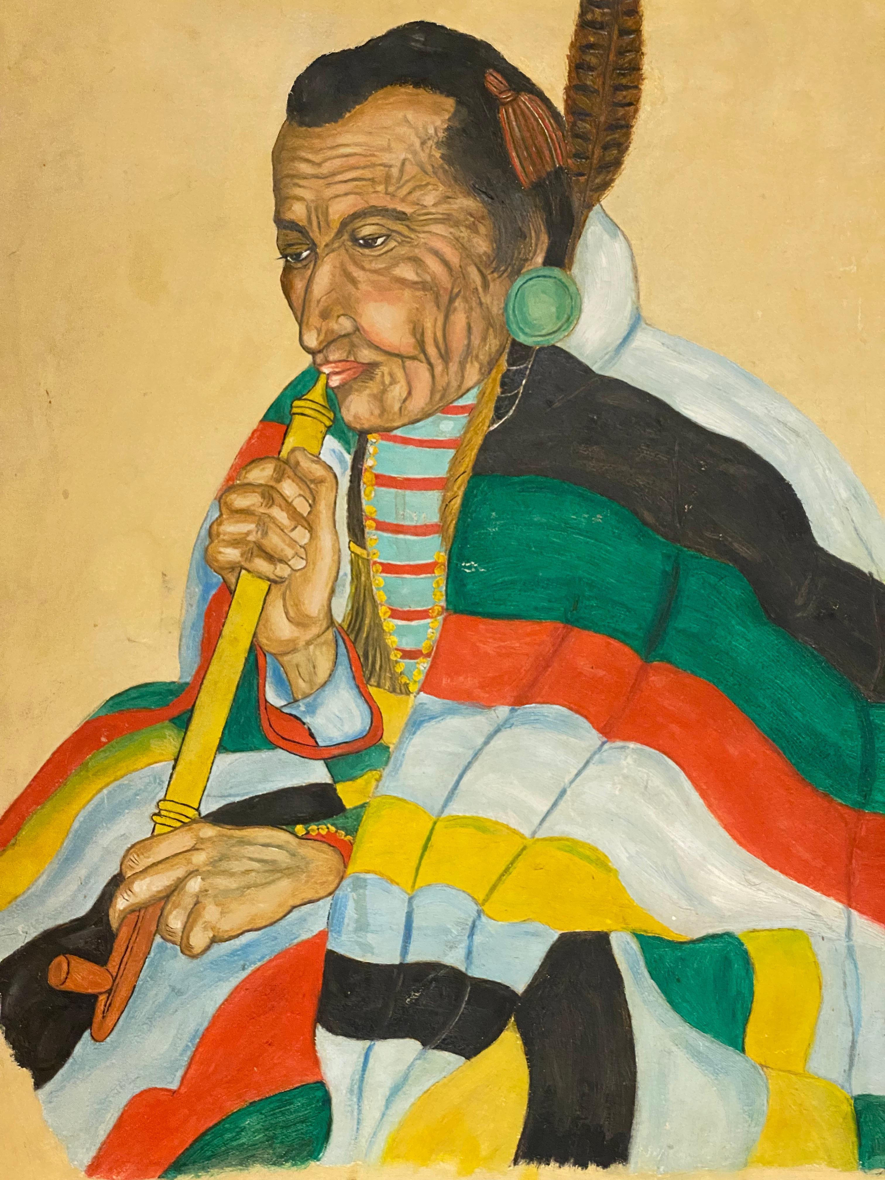 Pintura de un cacique indio vestido con una manta, fumando en pipa a la manera de Winold Reiss. El soporte parece ser pintura al óleo/témpera sobre cartón academia. Alrededor de 1930-50. Winold Reiss fue un pintor alemán. Emigró a Estados Unidos en