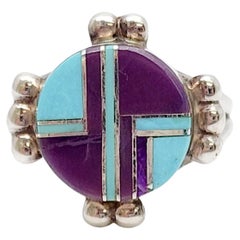 Native American Chris Tom Sterling Silver Turquoise Sugilite Inlay Ring #17672