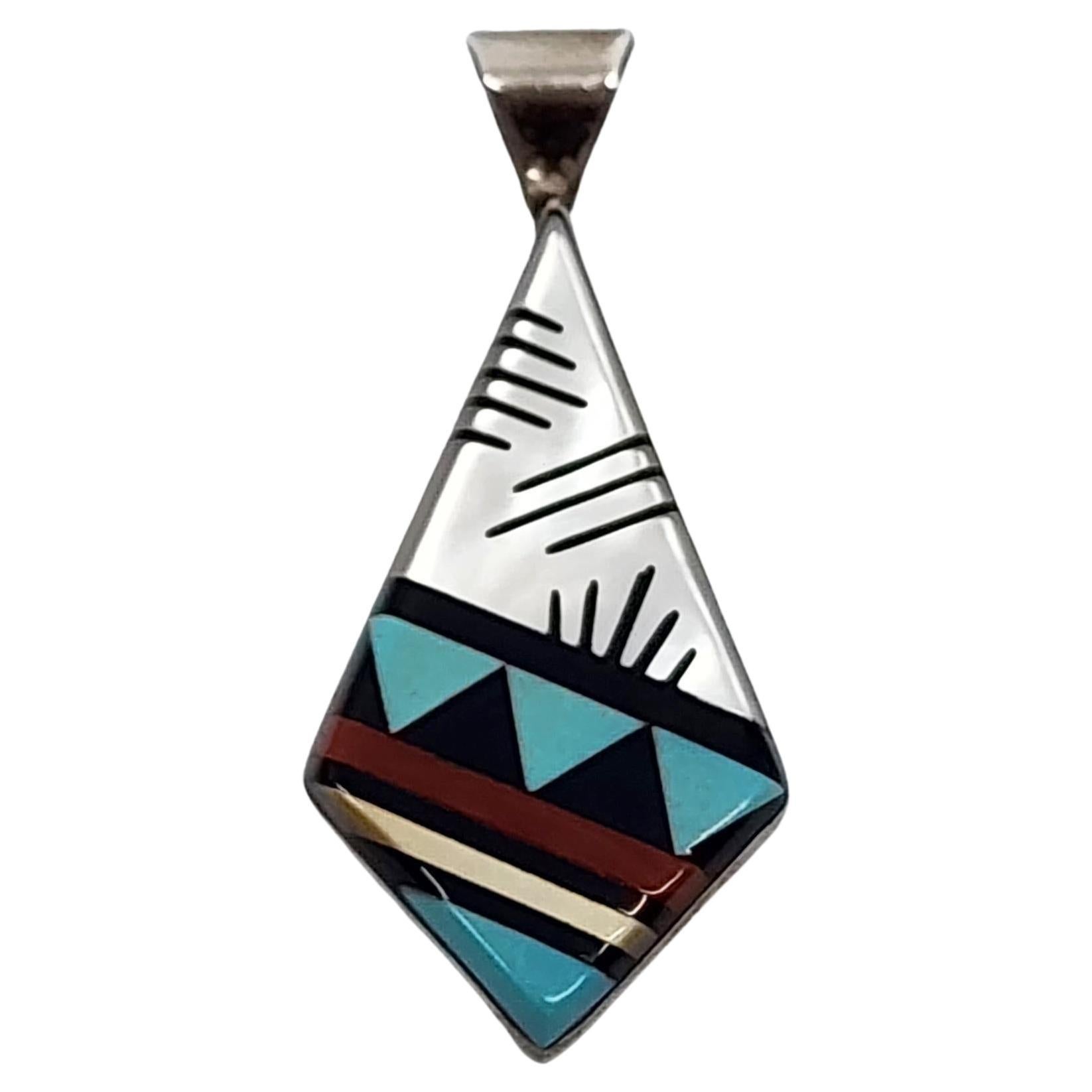 Native American CK Zuni Sterling Silver Multi Stone Inlay Pendant #16149 For Sale