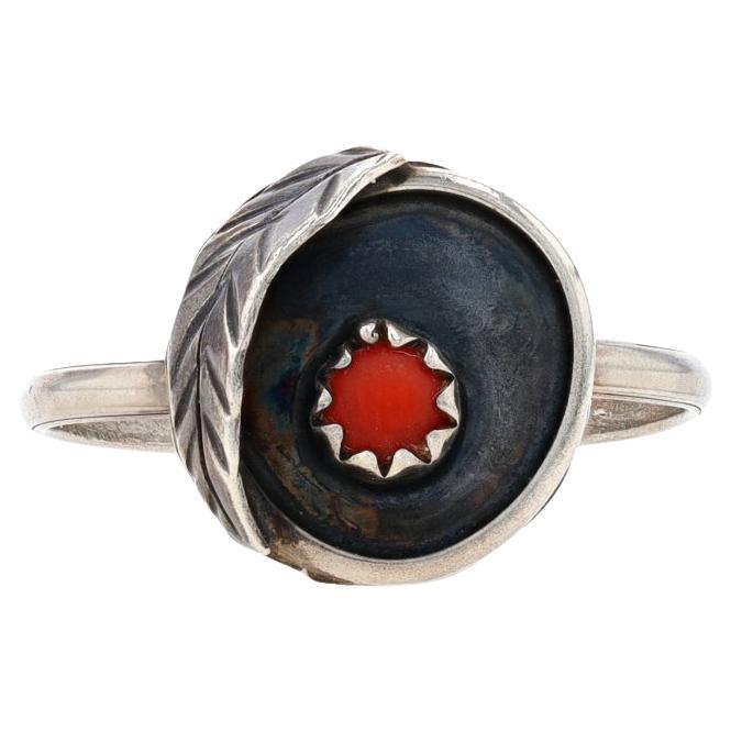 Native American Coral Solitaire Ring - Sterling Silver 925 Feather