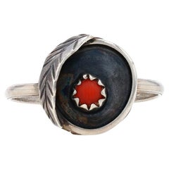 Solitär-Ring aus Koralle der amerikanischen Ureinwohner – Sterlingsilber 925 Federn