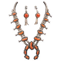 Native American Coral Squash Blossom Necklace and Earrings
