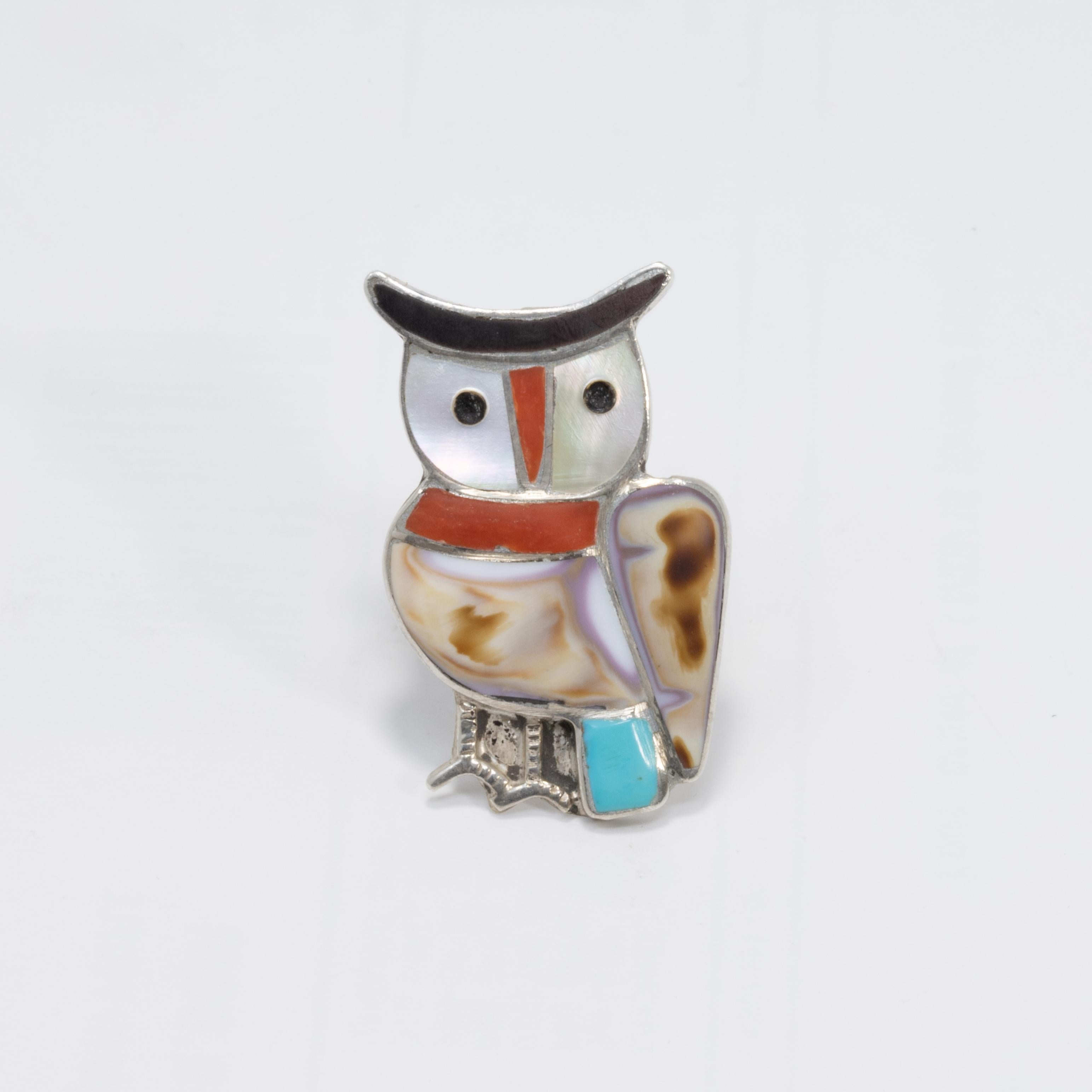 Native American Coral, Turquoise, Mother of Pearl Inlay Sterling Silver Owl  Ring