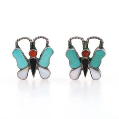 Native American Coral Turquoise Mother of Pearl Onyx Butterfly Earrings Sterling