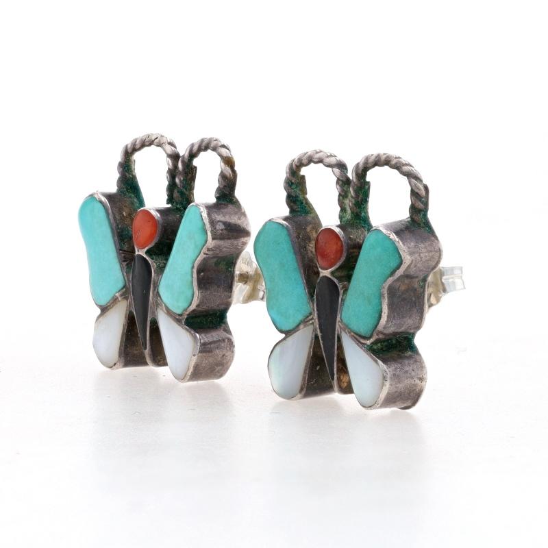Mixed Cut Native American Coral Turquoise Mother of Pearl Onyx Butterfly Earrings Sterling