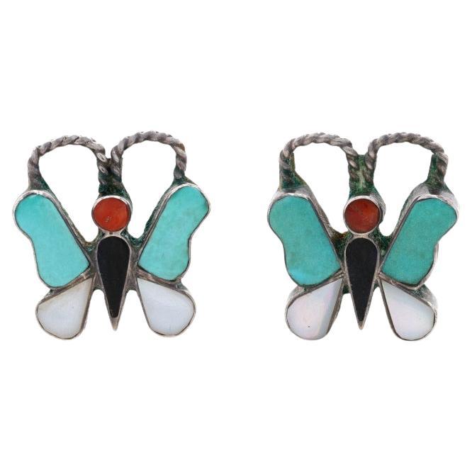 Native American Coral Turquoise Mother of Pearl Onyx Butterfly Earrings Sterling For Sale