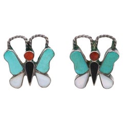 Boucles d'oreilles amérindiennes corail turquoise nacre onyx papillon en argent sterling