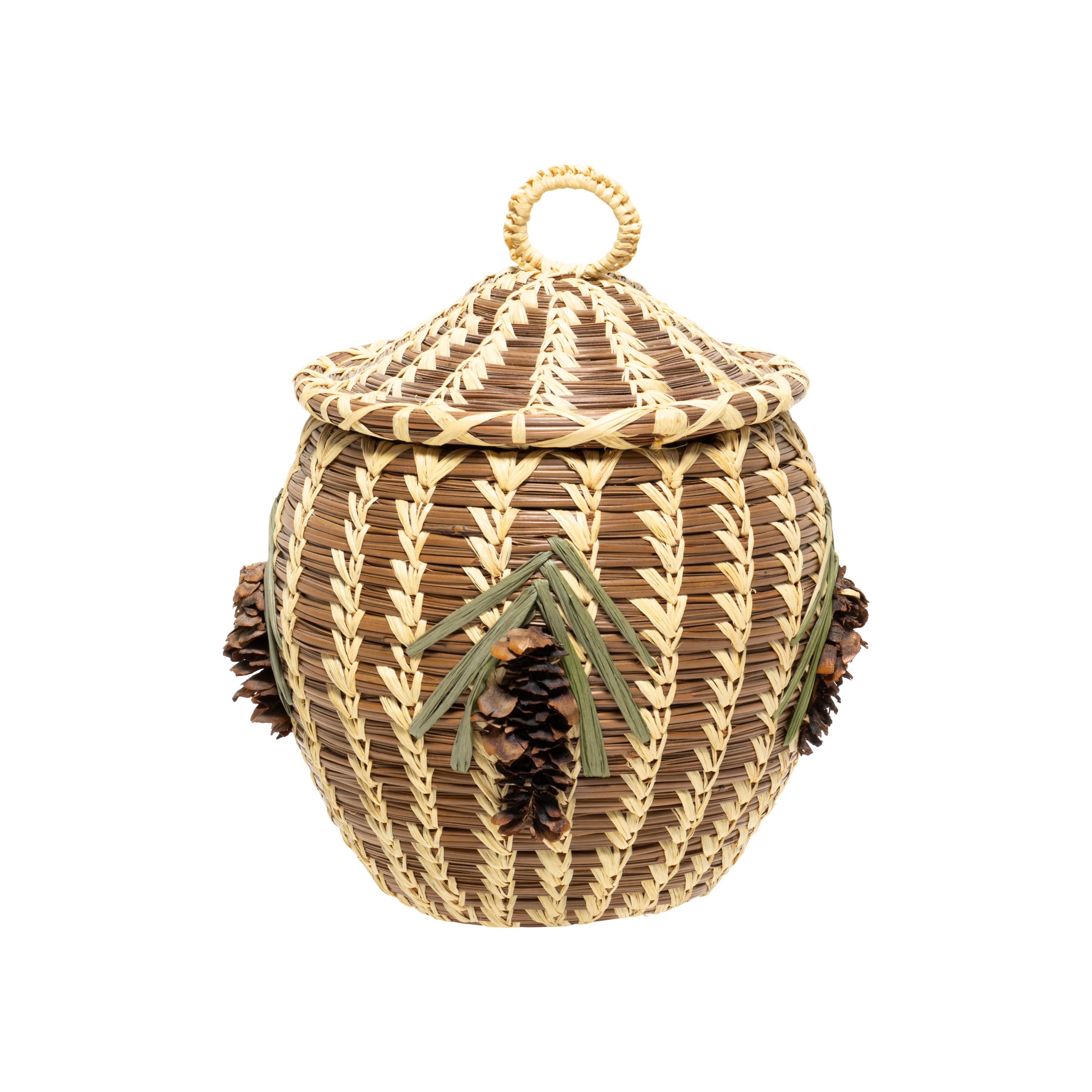 Native American Coushatta Lidded Pine Needle Basket For Sale 1