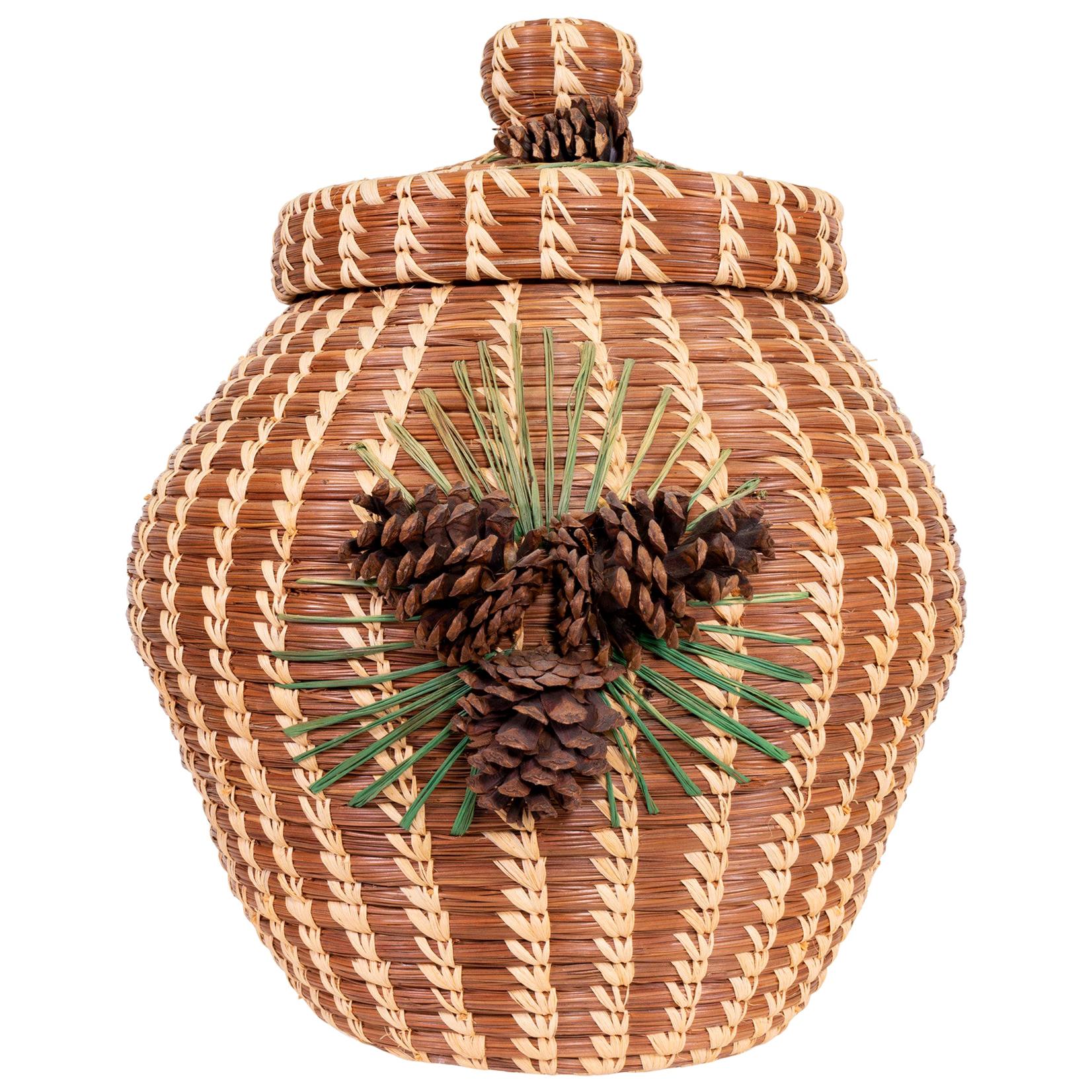Vintage First Nations Native Large Cedar and Pine Needle Woven Handled Basket