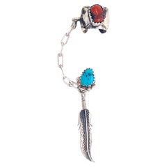 Native American Cuff Earring Indian Made Coral Turquoise and Sterling Leaf 