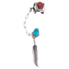 Native American Cuff Earring Indian Made Coral Turquoise and Sterling Leaf