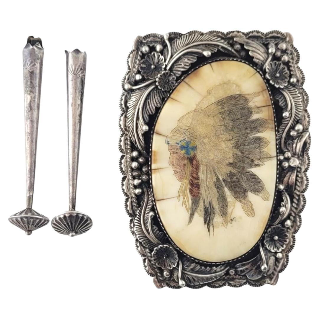 Native American D Delgarito Chief Head Sterling Bolo Pendant w/ Tips #16409 For Sale