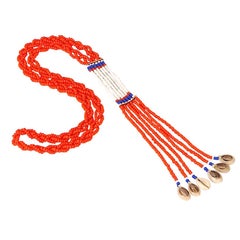 Native American Dance Necklace with Braided Orange Beads White Beads & Cowries 