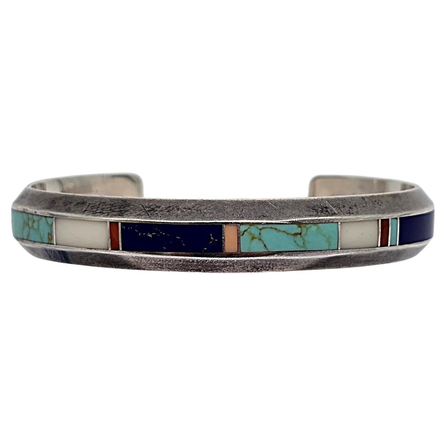 Native American Donald Douglas Sterling Silver Inlay Cuff Bracelet #19102