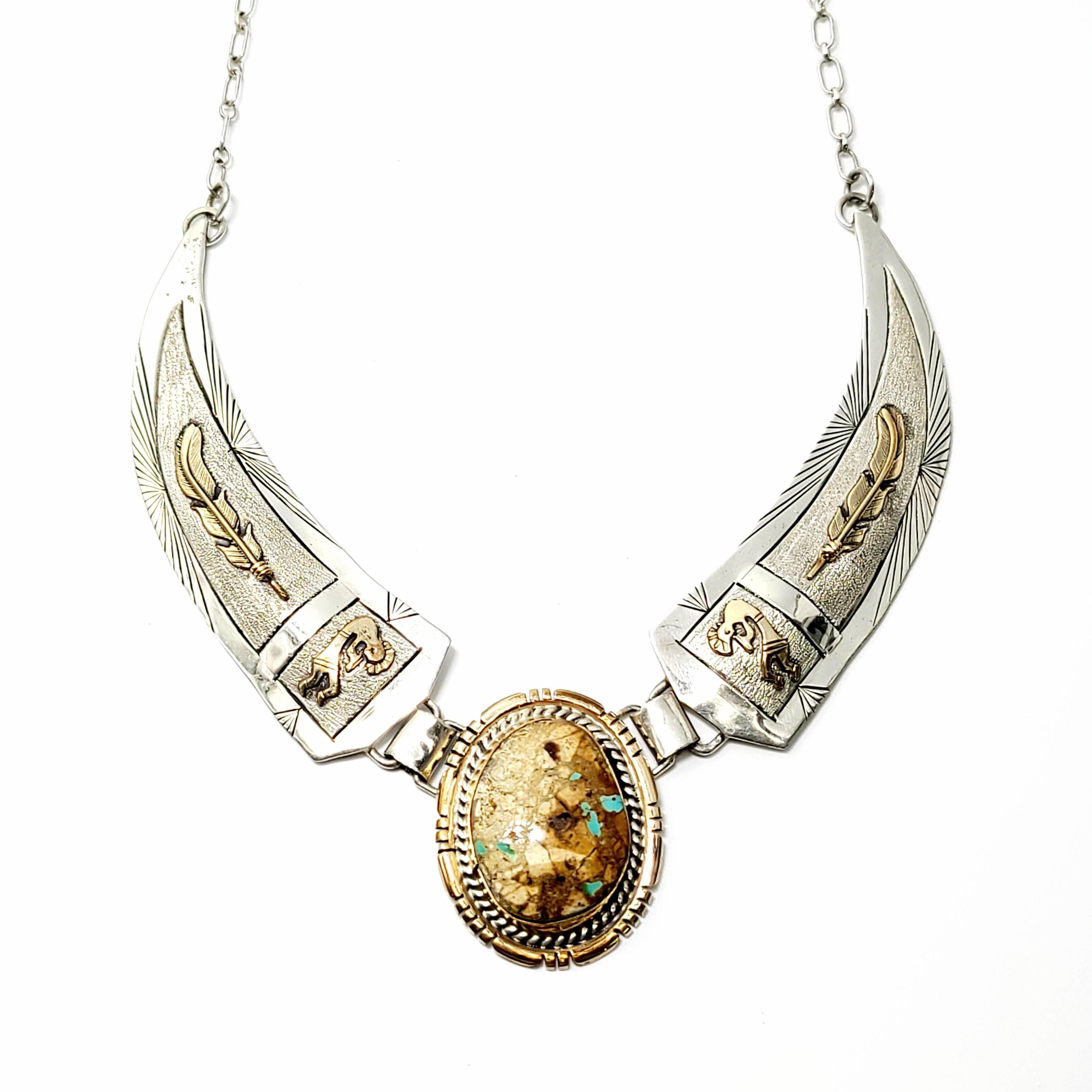 Native American E Etsitty Sterling Silber Türkis Halskette Goldfeder und Ko (Indigene Kunst (Nord-/Südamerika))
