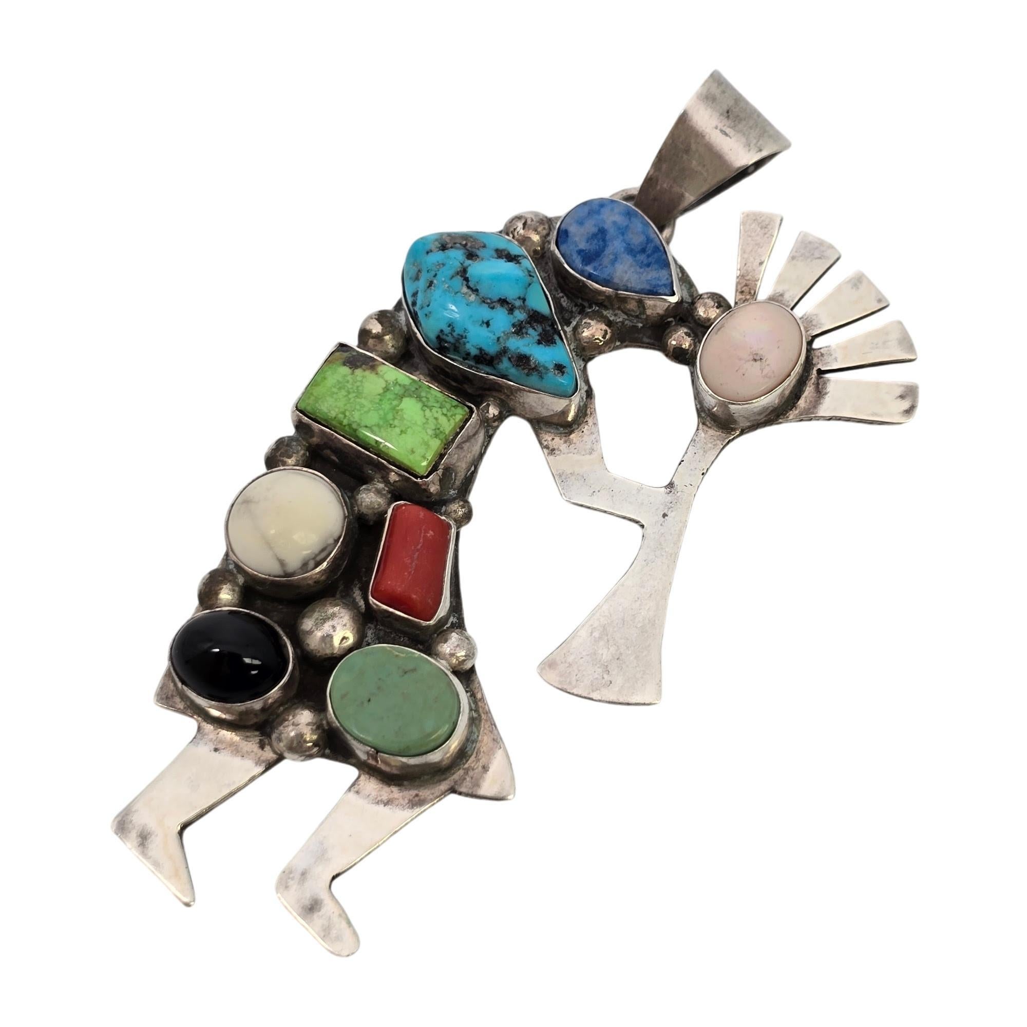 Native American Emer Thompson Sterling Silver Stone Kokopelli Pendant #19117 In Good Condition In Washington Depot, CT
