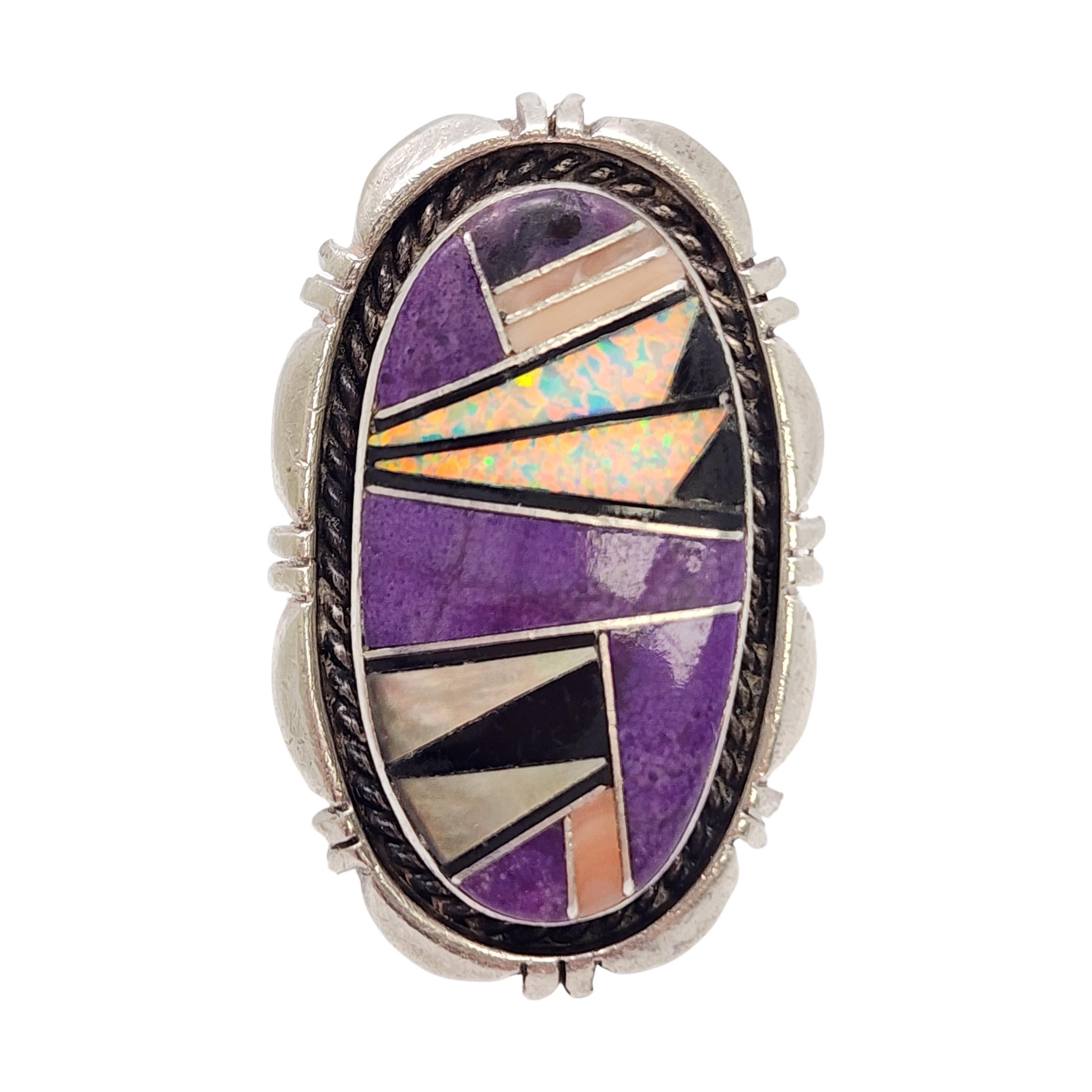 De las mujeres Anillo nativo americano Evelyn Spencer de plata de ley con incrustaciones de varias piedras #17671