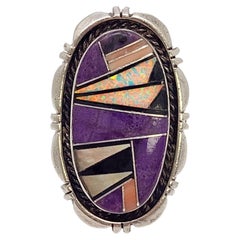 Vintage Native American Evelyn Spencer Sterling Silver Multi-Stone Inlay Ring #17671