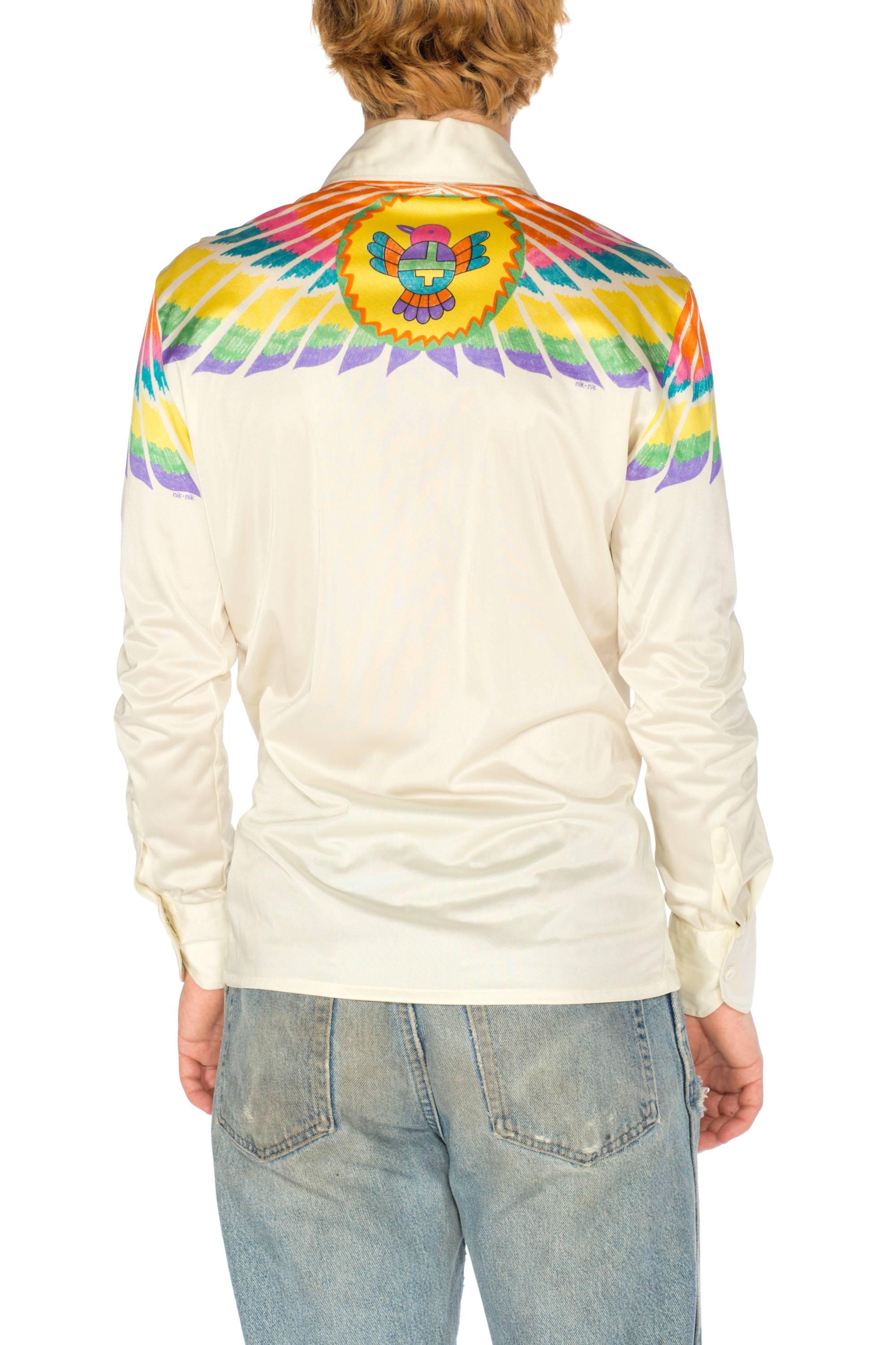 White Native American Feather Printed Mens Nik Nik Disco Shirt, 1970s 