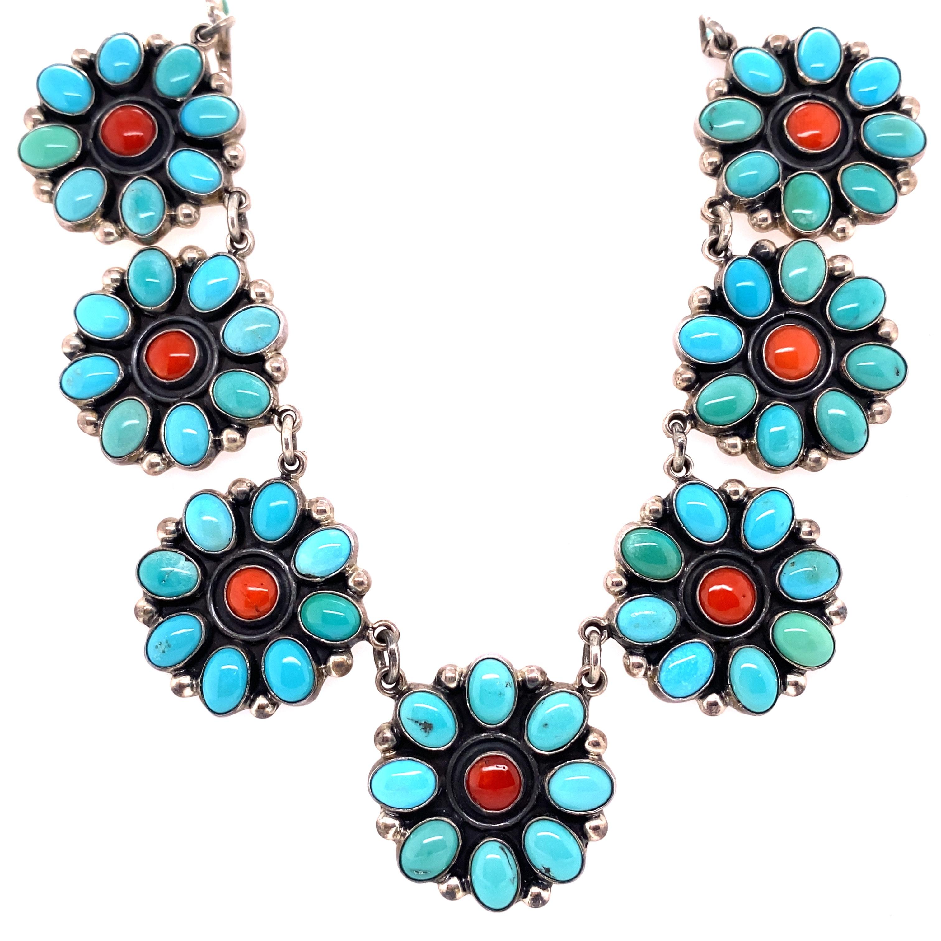 Highly desirable Signed JF Artist: Federico Jimenez Large Native American Navajo Turquoise necklace. Featuring 17 Turquoise with Coral centers Flower designs and matching Earrings, approx. 7/8