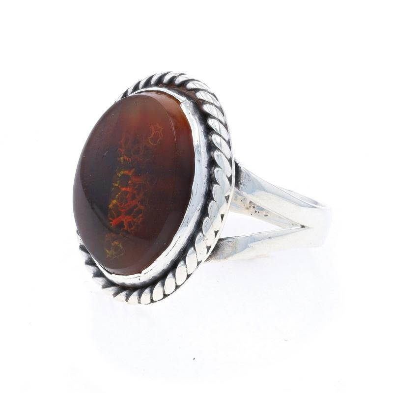 Native American Fire Agate Cocktail Solitaire Ring - Sterling 925 Oval Cabochon In Good Condition In Greensboro, NC