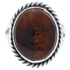 Anello solitario con cocktail di agata di fuoco dei nativi americani - Sterlina 925 Cabochon ovale