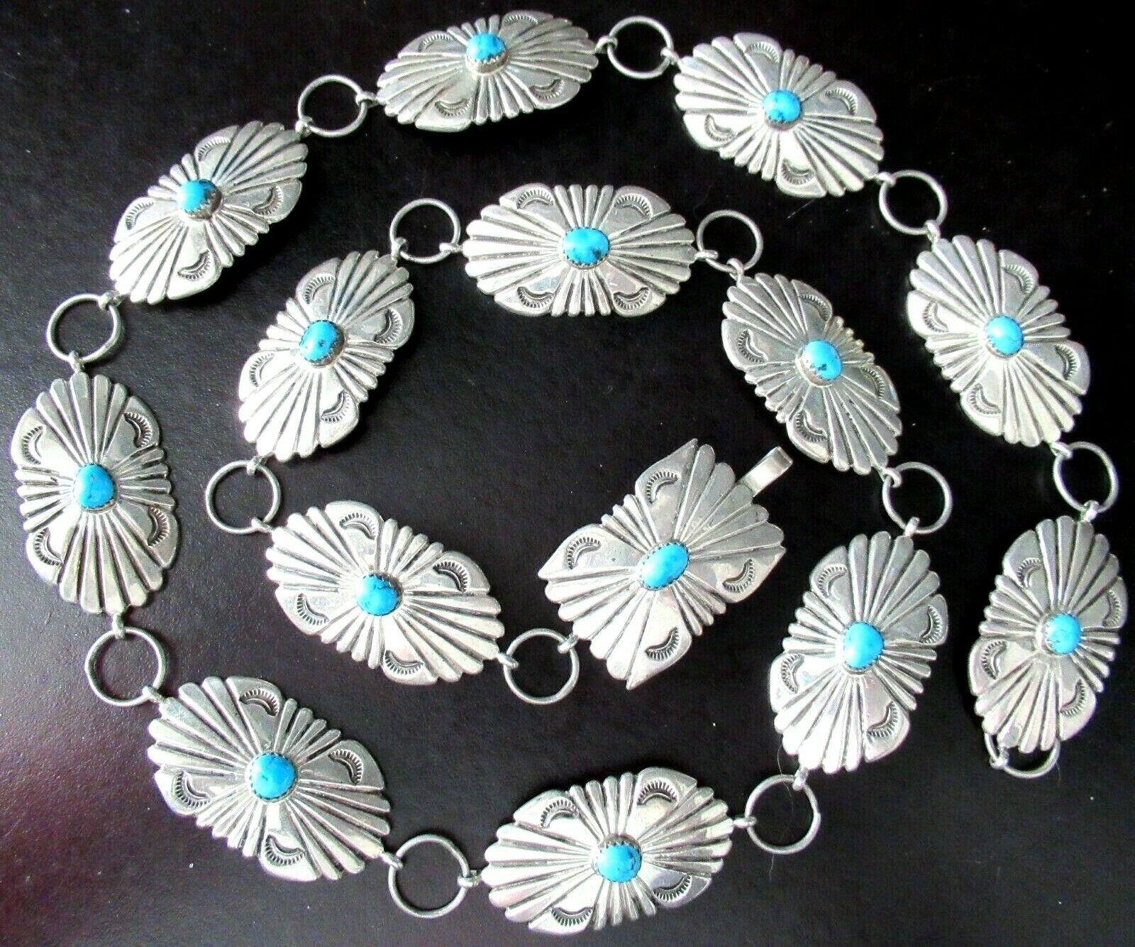 Native American Francis Tabaha Signed Navajo Turquoise Sterling Silver Belt In Excellent Condition In Montreal, QC