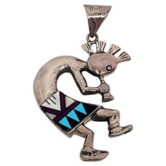 Native American Frank Yazzie Sterling Silver Multi-Gem Inlay Kokopelli Pendant