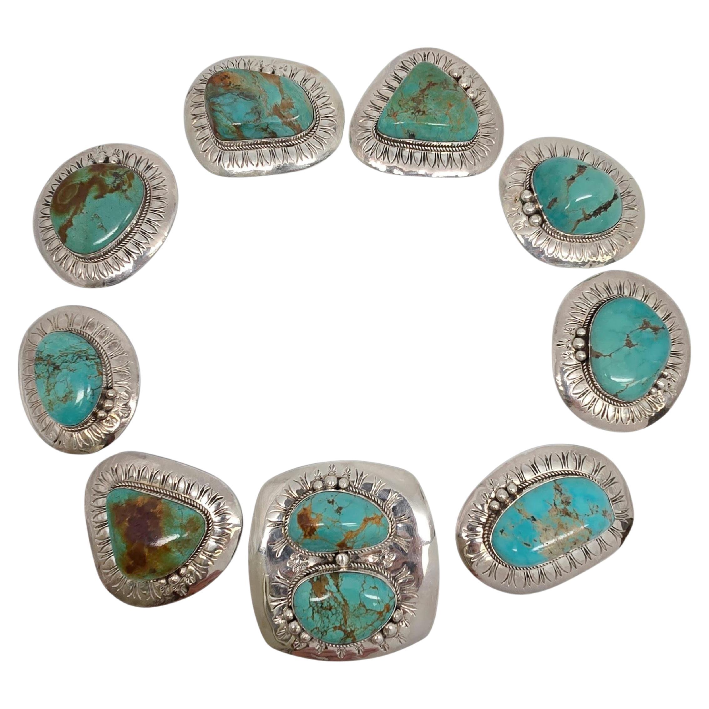 Native American Gale Self Sterling Silver Turquoise Belt Buckle & Conchos #23617