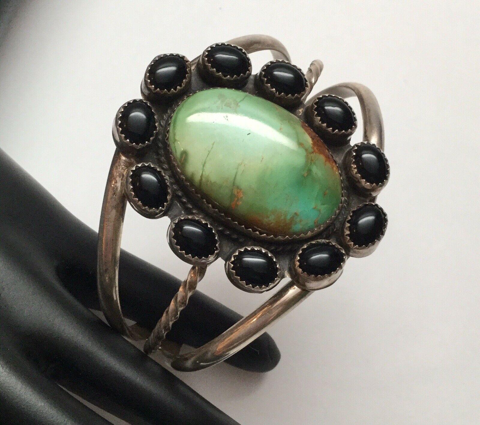 Native American Gary Sanchez Sterling Silver Turquoise Black Onyx Bracelet In Good Condition In Washington Depot, CT