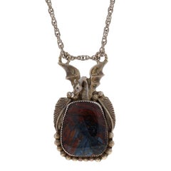 Native American Gayle Two Hawks Jasper Dragon Solitaire Necklace 23"Sterling 925