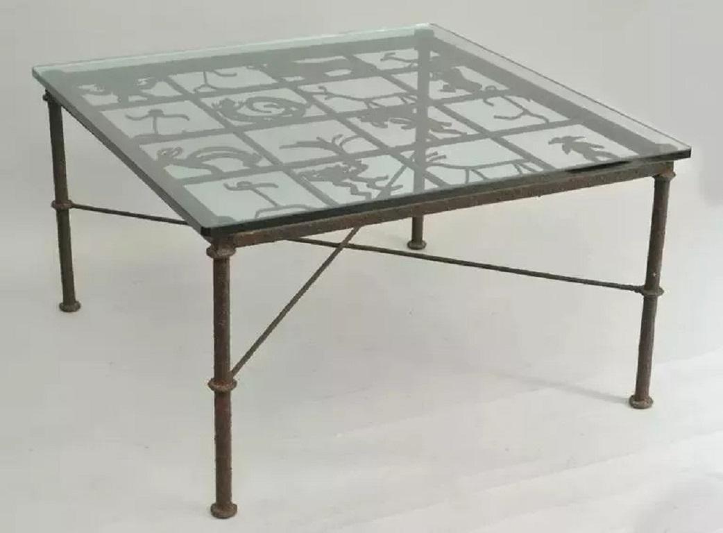 Native American Glyph Figures Metal and Glass Square Brutalist Coffee Table For Sale 4