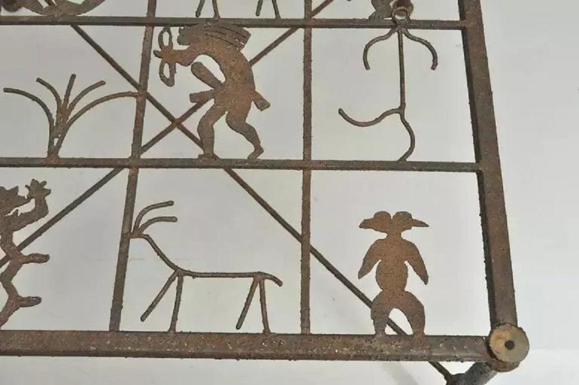 Native American Glyph Figures Metal and Glass Square Brutalist Coffee Table For Sale 1