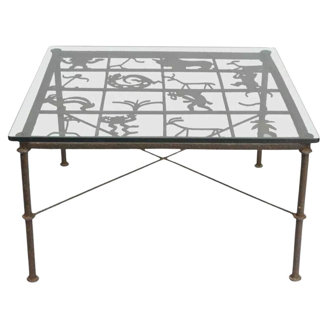 Native American Glyph Figures Metal and Glass Square Brutalist Coffee Table