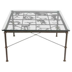 Native American Glyph Figures Metal and Glass Square Brutalist Coffee Table