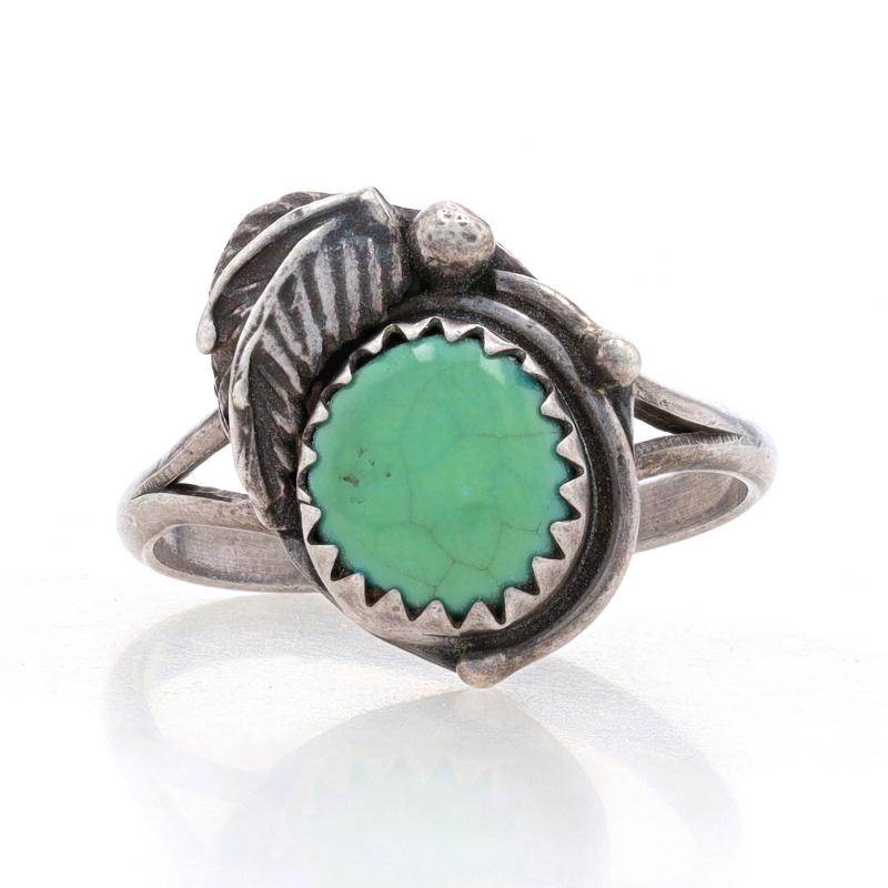 Native American Green Turquoise Solitaire Ring - Sterling Silver 925 Feather Dot For Sale
