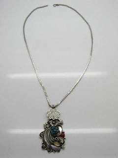 Native American H Jim Silver Turquoise, Coral and MOP Pendant Necklace