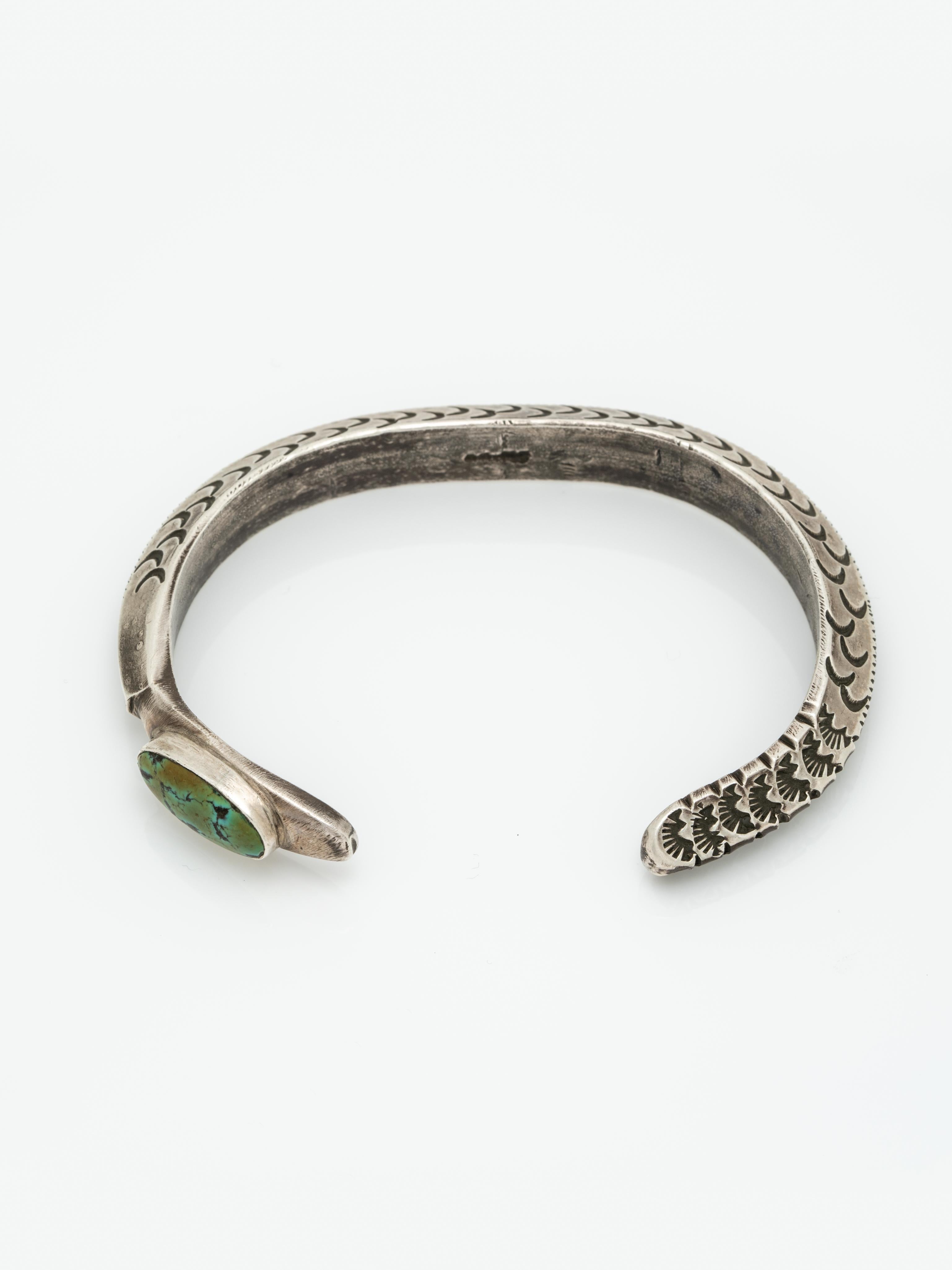 Native American Hand Engraved Sterling Silver and Turquoise Navajo Snake Cuff In New Condition In New York, NY
