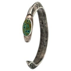 Native American Hand Engraved Sterling Silver and Turquoise Navajo Snake Cuff