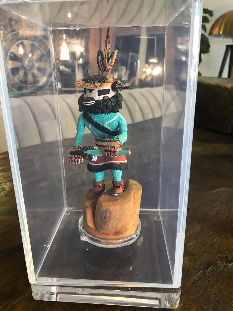 Wood Southwestern Native American Signed Hopi Kachina Katsina Doll in Display Case For Sale