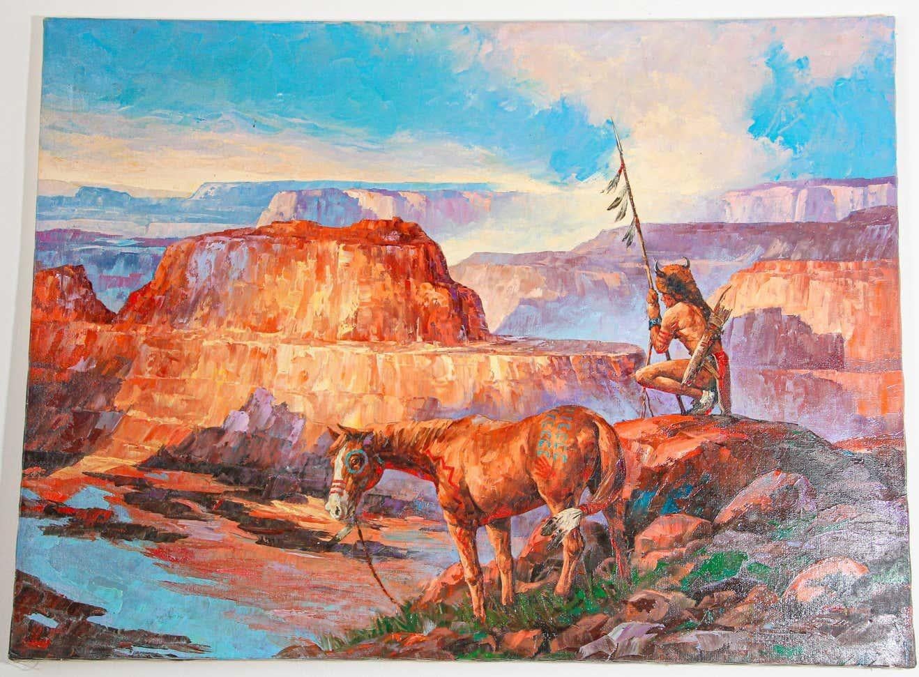 20th Century Native American Hunter with his Mustang Oil Painting For Sale