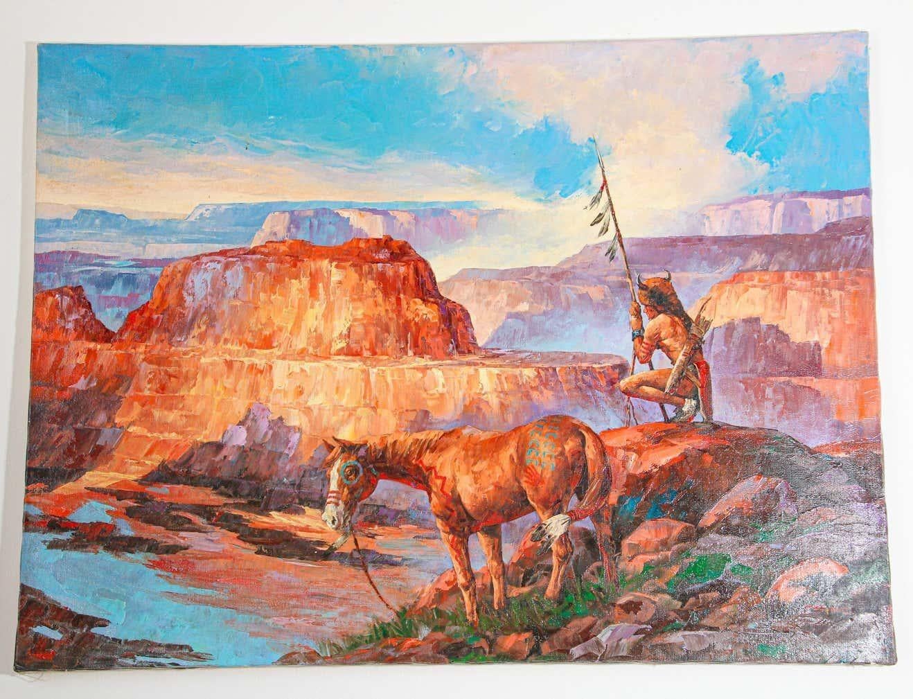 20ième siècle Hunter amérindien avec sa peinture à l'huile de couleur moutarde en vente
