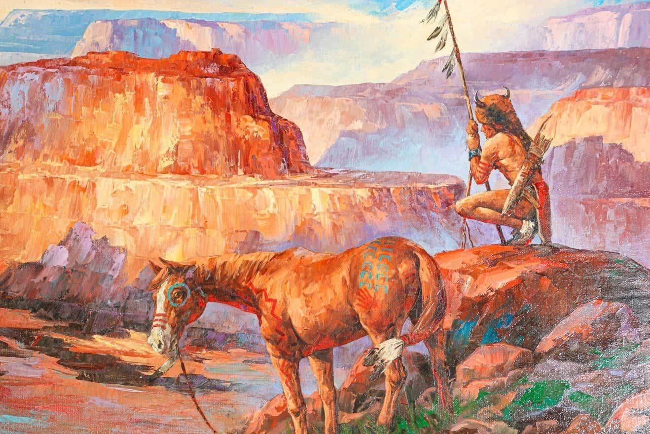 Native American Hunter with his Mustang Oil Painting For Sale 1
