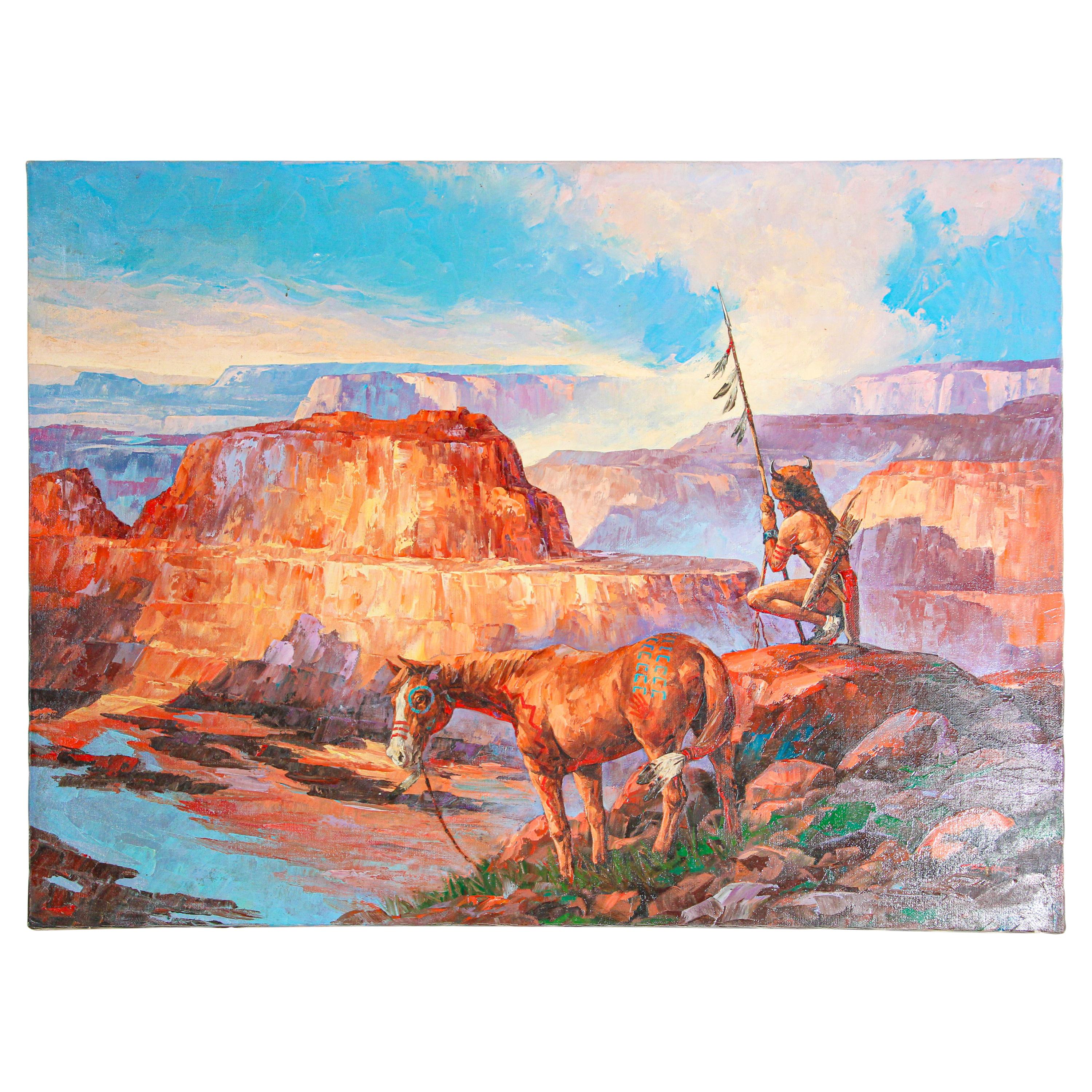 Native American Hunter with his Mustang Oil Painting For Sale