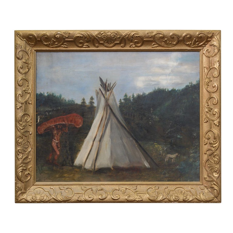 native american indian canoe and teepee painting for sale