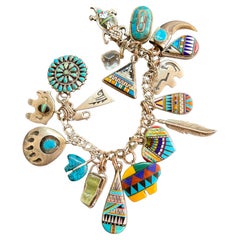 Native American Indian Charm Bracelet Sterling Silver Inlay Turquoise Opal Coral